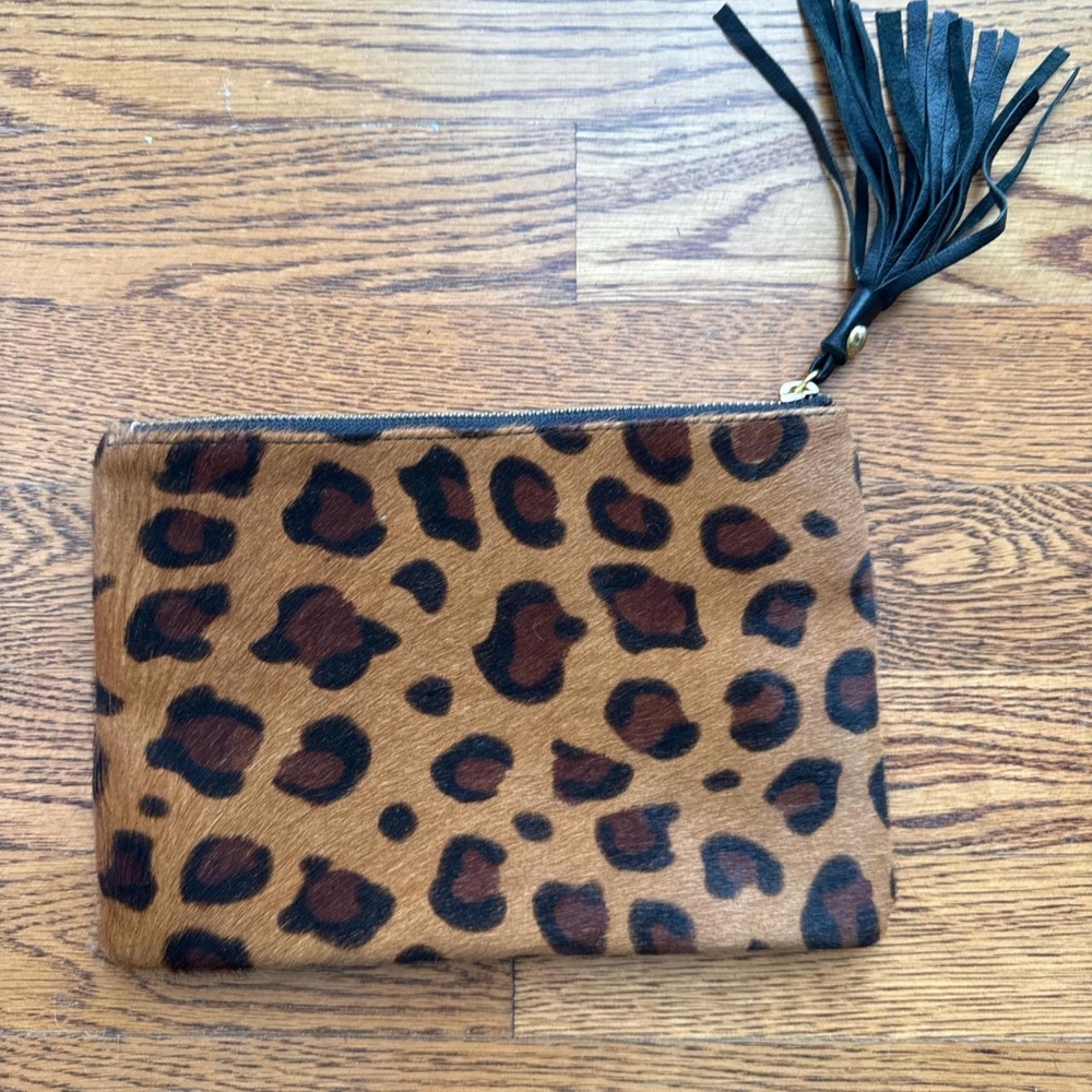 Leopard Print Leather Zippered Pouch